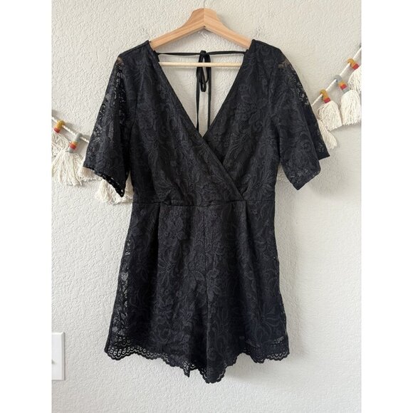 Francesca's Mi Ami Black Lace Knit Playsuit Romper Witchy Whimsygoth Goth M - Picture 1 of 9
